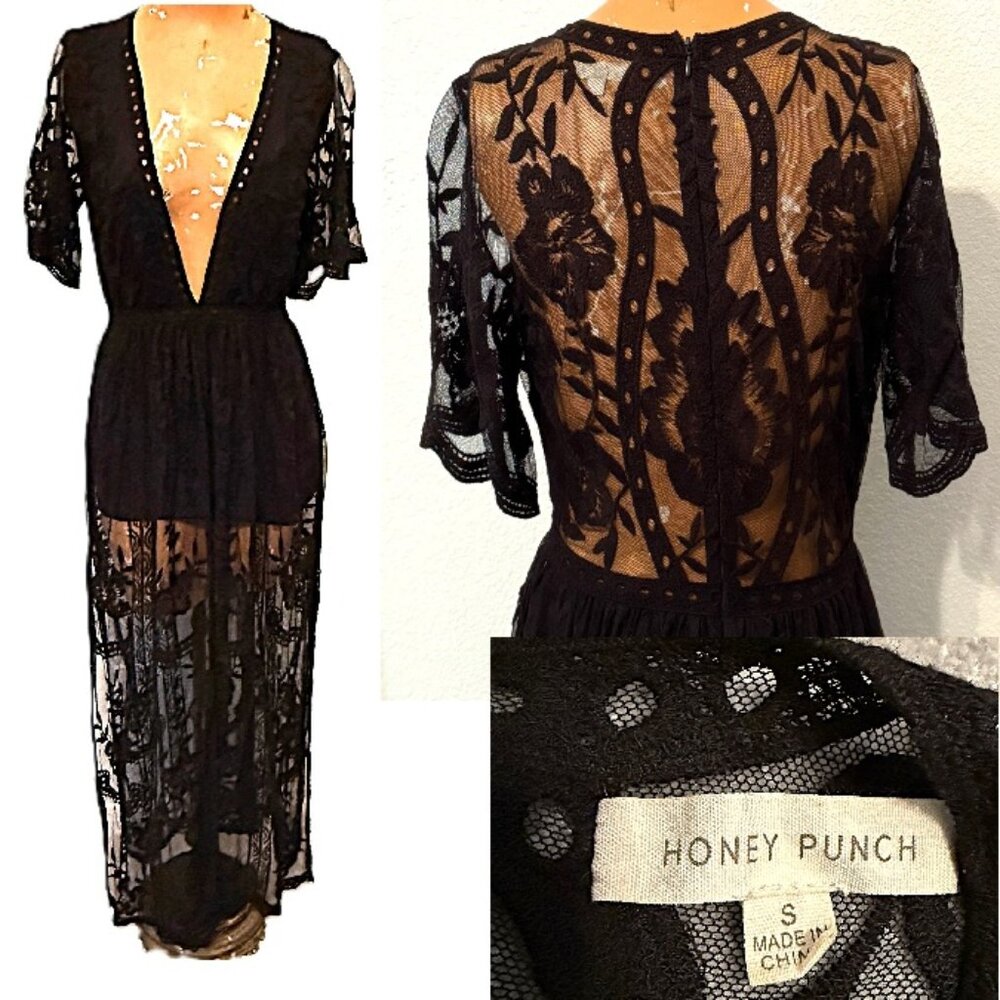 Honey Punch Embroidered Floral Lace Boho As You Wish Maxi Dress Black Women S